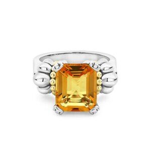Lagos Glacier Caviar Emerald Cut Citrine Ring Womens 5 Sterling Silver Gold M